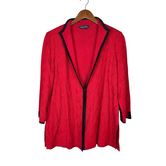 Ming Wang Red Geometric Diamond Knit Black Trim 3/4 Sleeve Cardigan Sweater - Picture 8 of 12